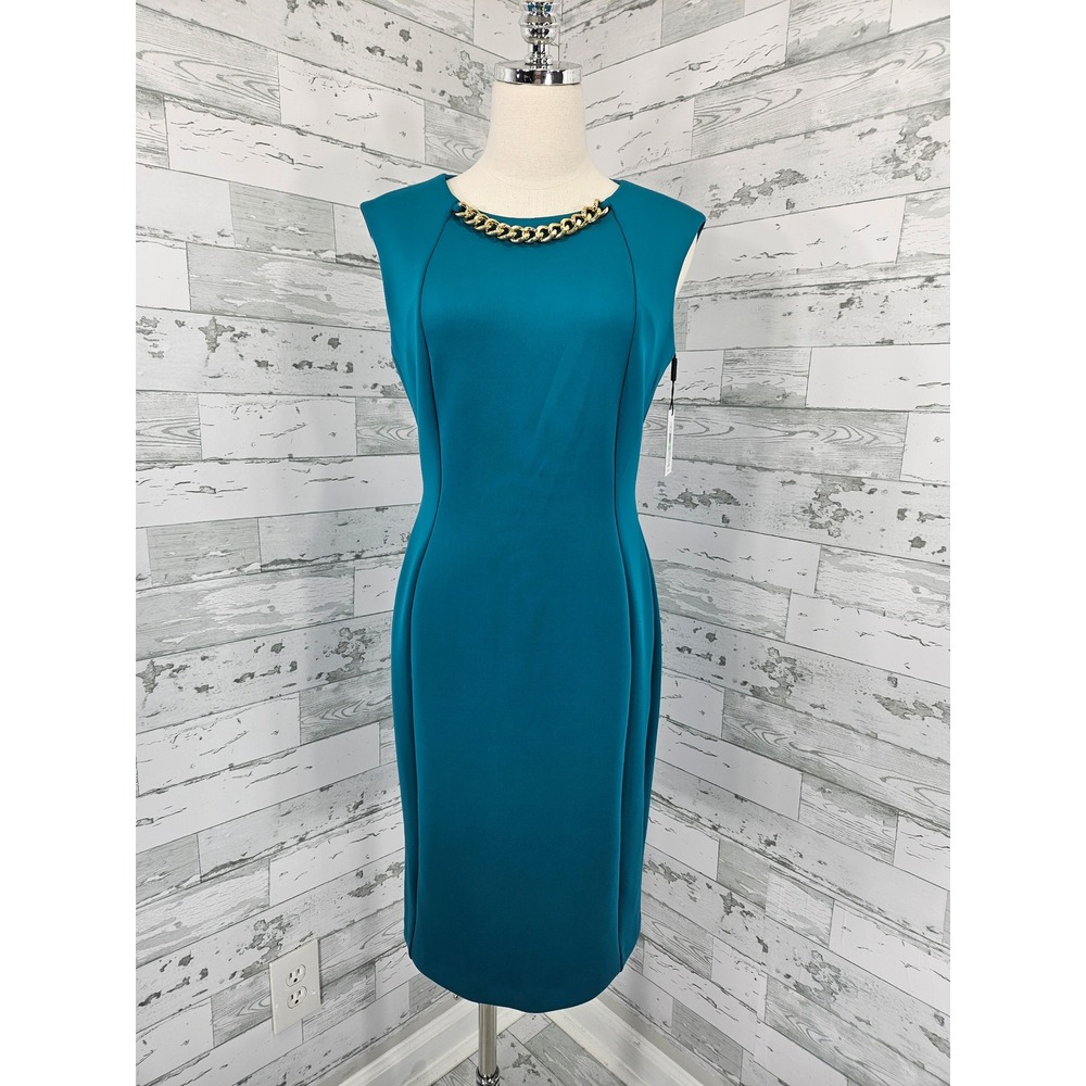 Calvin Klein Womens Teal Scuba Sheath Dress Gold Chain Neck Size 8